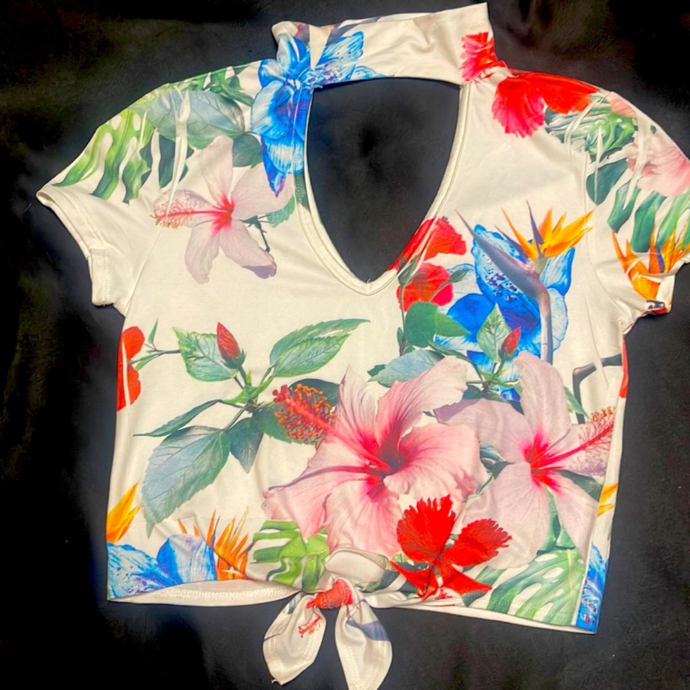 High collar Open V neck and open back shot sleeve top